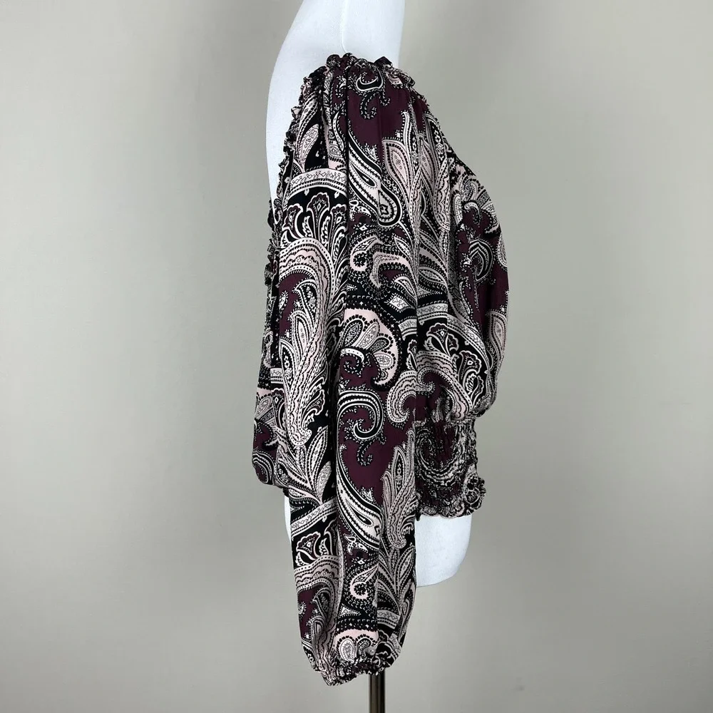 Michael Kors Blouse Top Womens‎ XL Paisley Off The Shoulder Silk Sheer Cropped